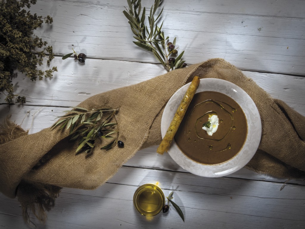 Olive Soup with Feta Crostini