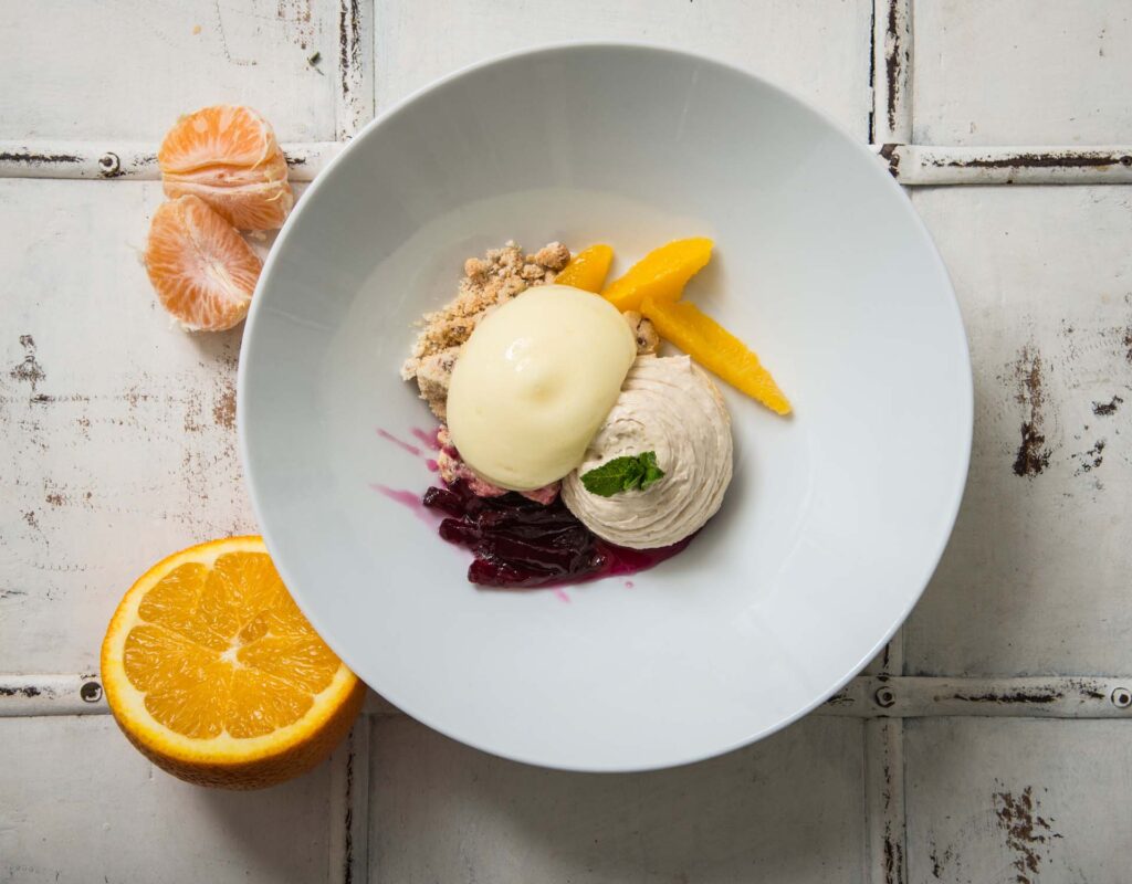 Halva mousse with orange fillets