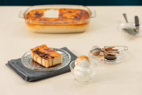 Milk Pie with vanilla ice cream & petimezi syrup